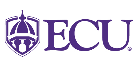 East Carolina University logo - gothic font purple ECU with a crest on the left
