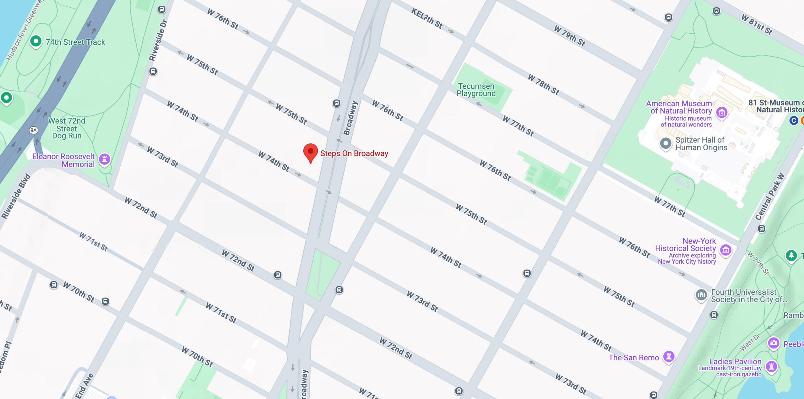 map of Steps on Broadway in NYC, showing the upper west side of Manhattan with a red pin at Steps (74th St & Broadway)