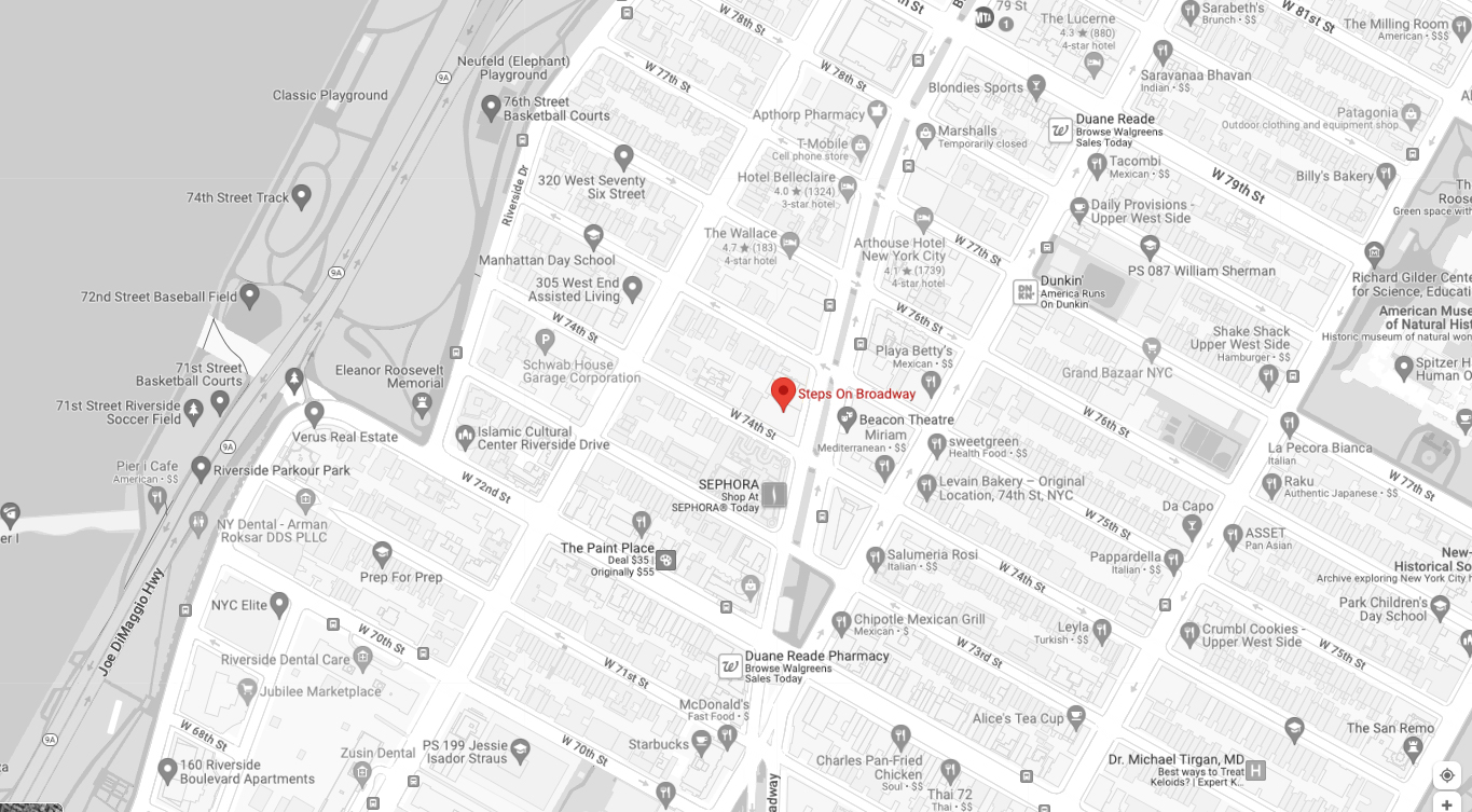 Map of New York City showing the portion where Steps on Broadway is - with a red pin marking Steps, and the rest of the map in shades of gray