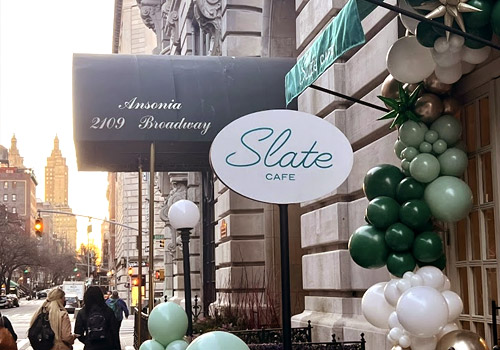 Elegant and fun facade of the Slate Cafe on NYC's Upper Westside
