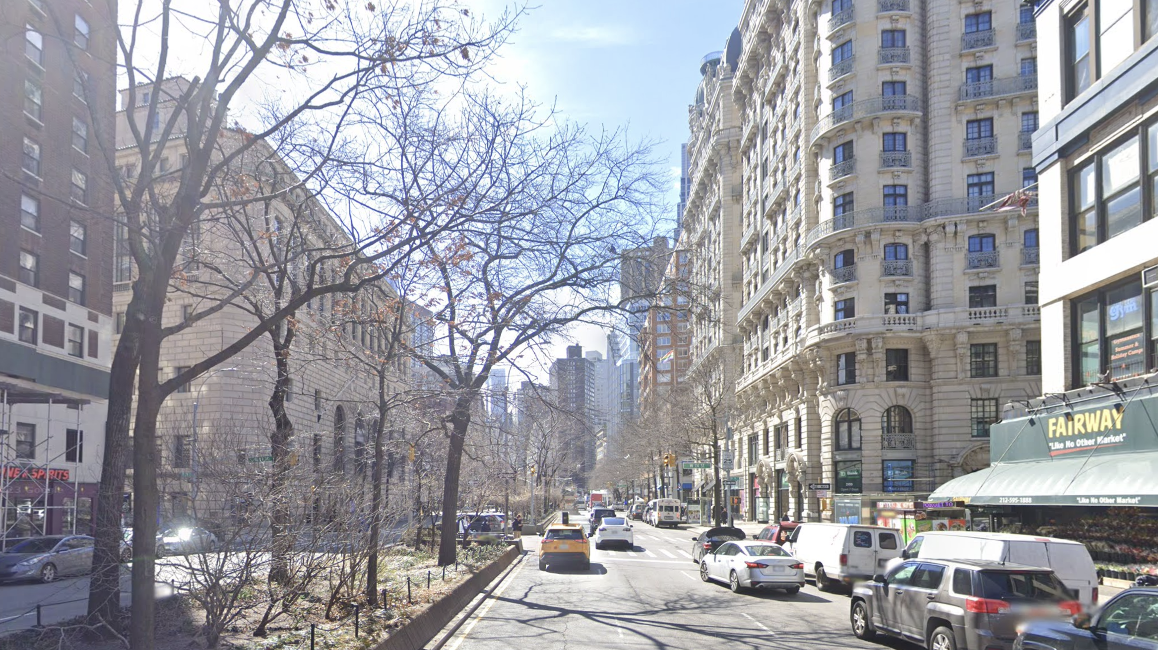 Photo of the upper west side of Manhattan, showing the intersection of 72nd and Braodway, Fairway grocery, Steps dance studios, The Ansonia building